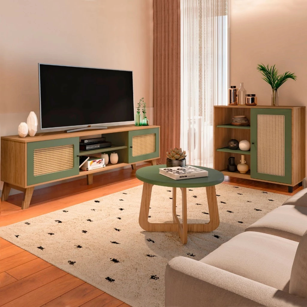 Sala de Estar Completa para TV Até 75 Polegadas Charlotte 3 Portas 3 Prateleiras CarvalhoMenta - Pnr Móveis