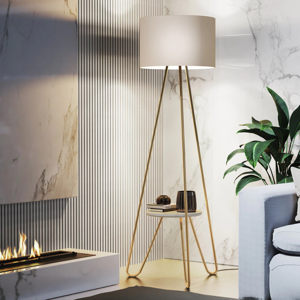 Abajur de Chão com Pés Dourados e Cúpula Bege – Elegância e Versatilidade para Sua Decoração