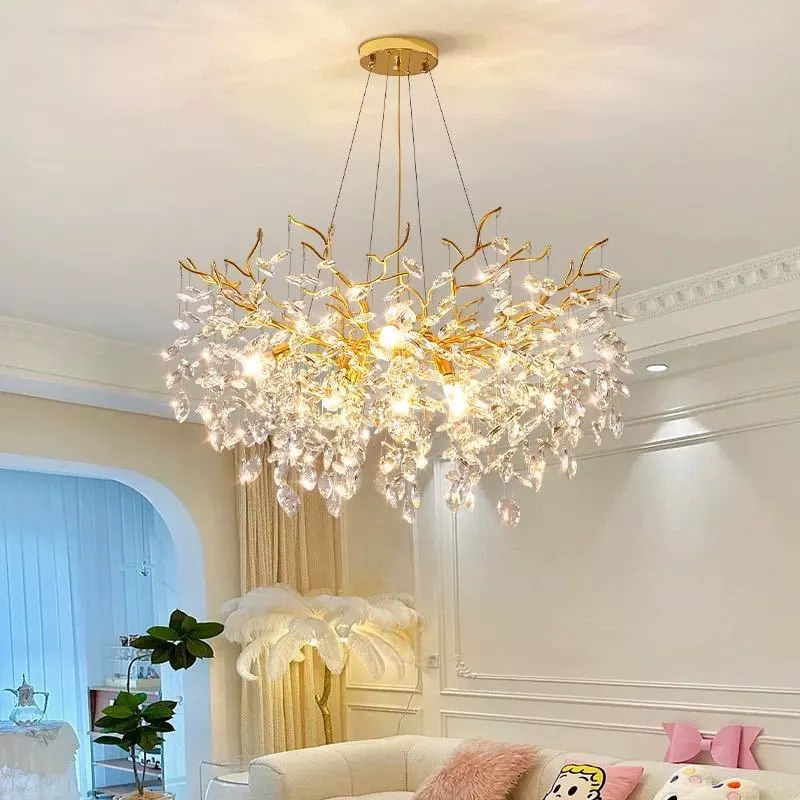 Lustre Pendente de Cristal Dourado Redondo: Modernidade e Luxo para Pé Direito Duplo