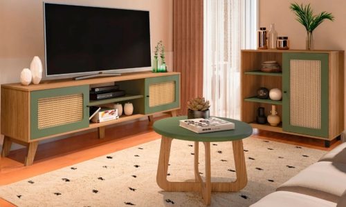 Sala de Estar Completa para TV Até 75 Polegadas Charlotte 3 Portas 3 Prateleiras CarvalhoMenta - Pnr Móveis